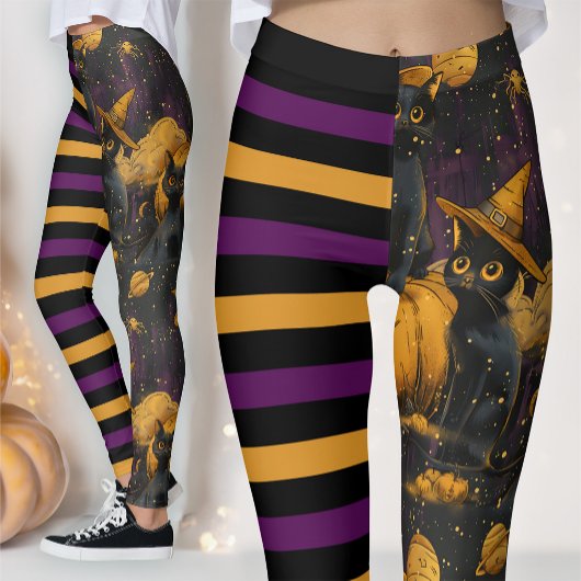 Fun Halloween Witch Cat Purple Striped Pumpkin レギンス