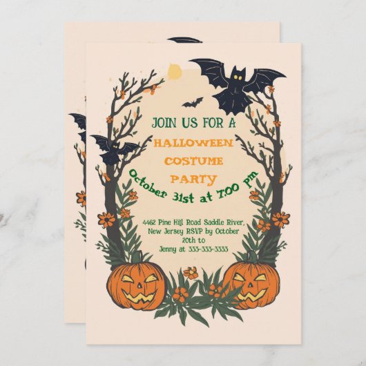 Fun Halloween with Pumpkins, Bats & Autumn Trees  招待状 (正面/裏面)