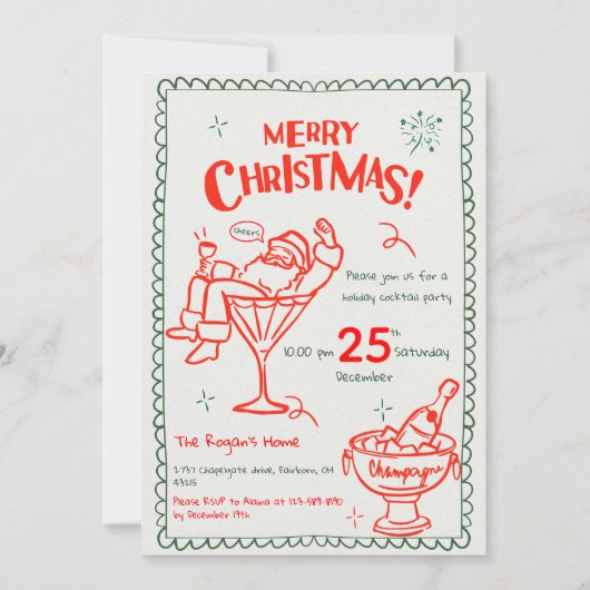 Fun Hand Drawn Doodle Merry Christmas Cocktail 招待状 (正面)