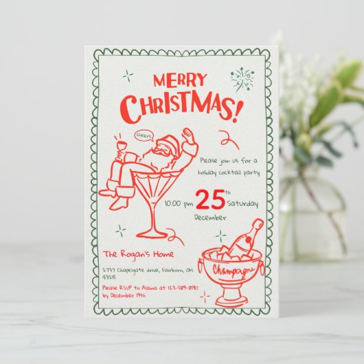Fun Hand Drawn Doodle Merry Christmas Cocktail 招待状 (スタンド正面)