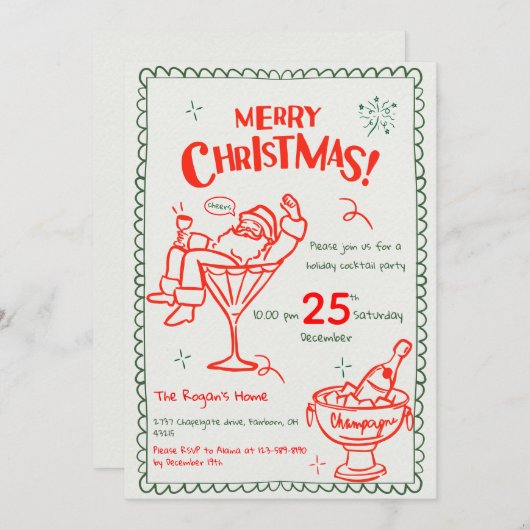 Fun Hand Drawn Doodle Merry Christmas Cocktail 招待状 (正面/裏面)