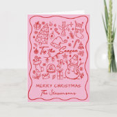 Fun Hand Drawn Red on Pink Folded Photo Christmas シーズンカード (正面)