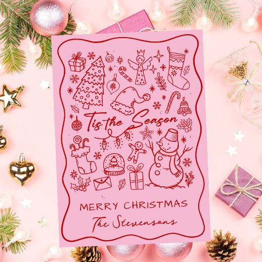 Fun Hand Drawn Red on Pink Folded Photo Christmas シーズンカード