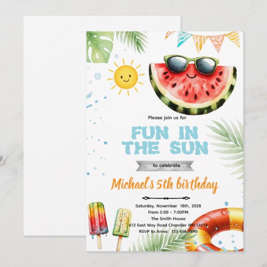 Fun in the sun pool theme invitation 招待状 (正面/裏面)