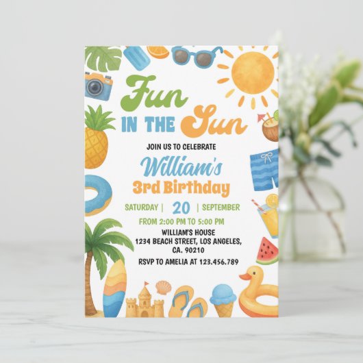 Fun In The Sun Summer Beach Birthday 招待状 (スタンド正面)