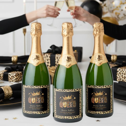 Fun Leopard Birthday Queen Fifty Birthday スパークリングワインラベル