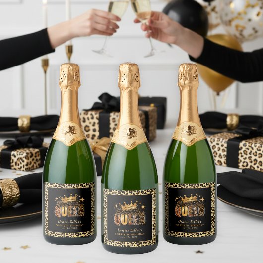 Fun Leopard Birthday Queen Forty Birthday スパークリングワインラベル