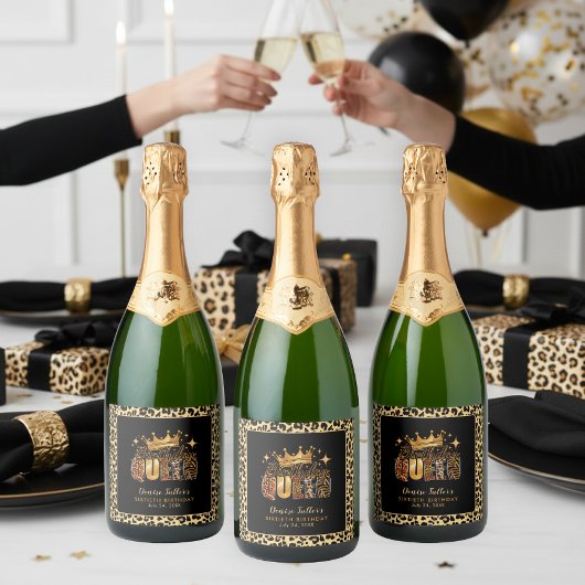 Fun Leopard Birthday Queen Sixty Birthday スパークリングワインラベル