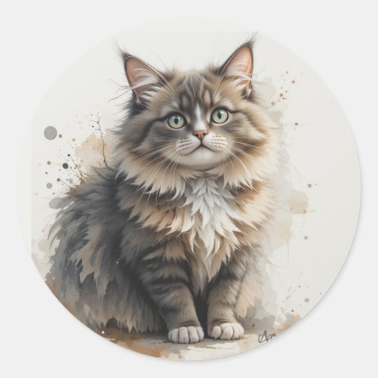 Fun Long Haired Tabby Cat Kitten Pet Animal ラウンドシール (正面)