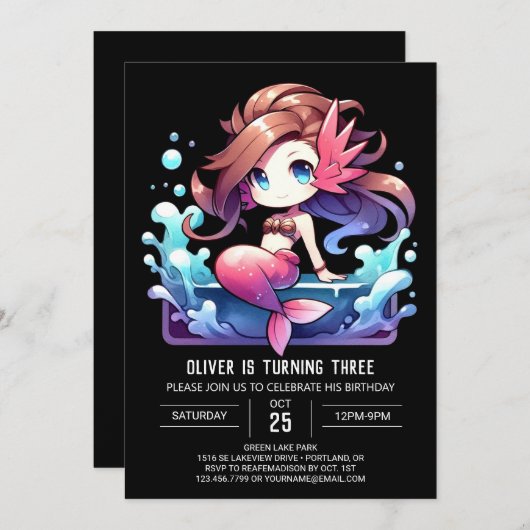 Fun Majestic Mermaid Birthday 招待状 (正面/裏面)