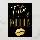 Fun Modern Black Fifty Fabulous Lips Birthday 箔招待状 (正面)