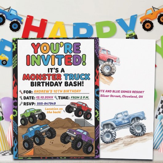 Fun Monster Trucks 10th Birthday Party Invitation 招待状