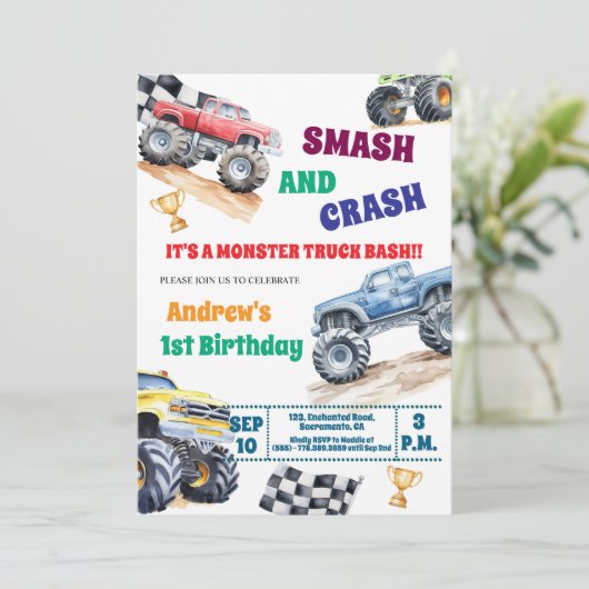 Fun Monster Trucks 1st Birthday Party Invitation 招待状 (スタンド正面)