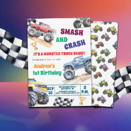 Fun Monster Trucks 1st Birthday Party Invitation 招待状