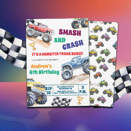 Fun Monster Trucks 6th Birthday Party Invitation 招待状