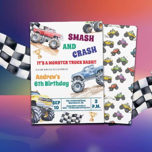 Fun Monster Trucks 6th Birthday Party Invitation 招待状
