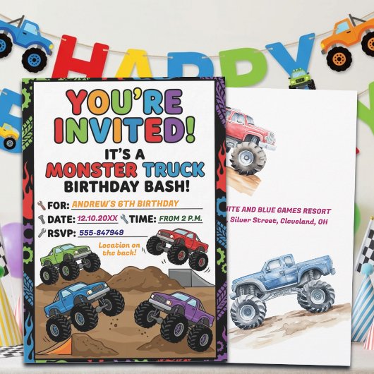 Fun Monster Trucks 6th Birthday Party Invitation 招待状