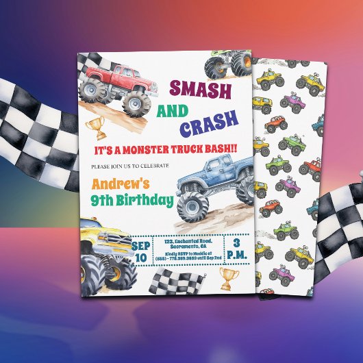 Fun Monster Trucks 9th Birthday Party Invitation 招待状