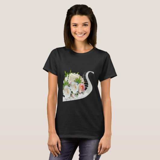 FUN MUSIC ROSE PIANO MUSIC NOTES & FLOWERS CLUSTER Tシャツ (正面フル)