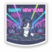 Fun Neon DJ Party Cat Music Vibe New Year  シール (正面)