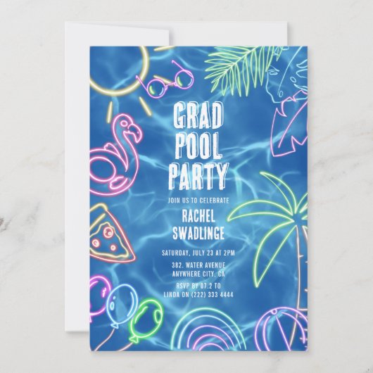 Fun Neon Graduation Pool Party  招待状 (正面)