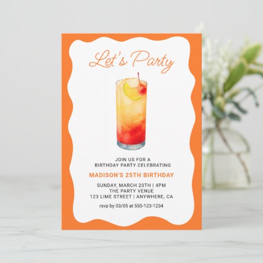 Fun Orange Chic Wavy Summer Cocktail Birthday 招待状 (スタンド正面)