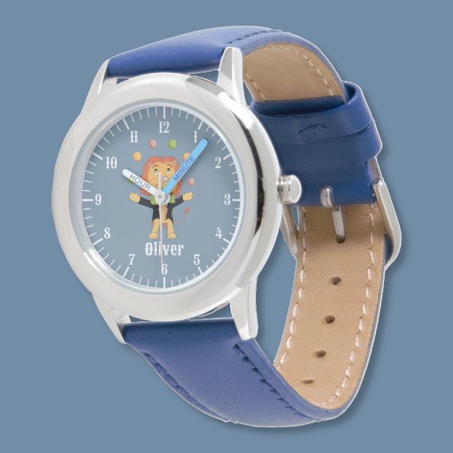 Fun personalized kid watch with juggler lion 腕時計 (Fun cartoon lion juggler kid personalized watch . )