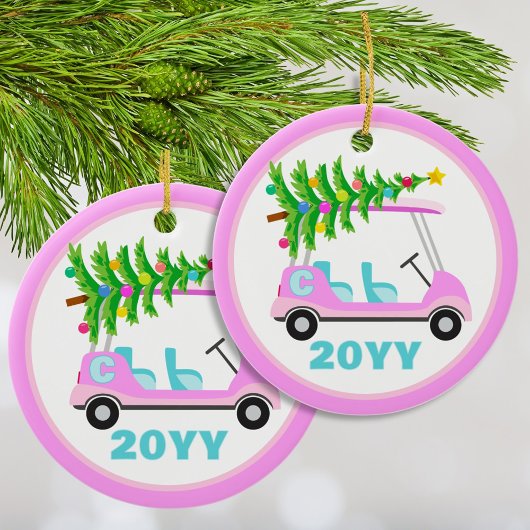 Fun Personalized Pink Golf Cart Christmas Tree セラミックオーナメント