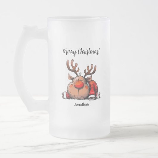 Fun Personalized Reindeer Merry Christmas フロストグラスビールジョッキ (左)