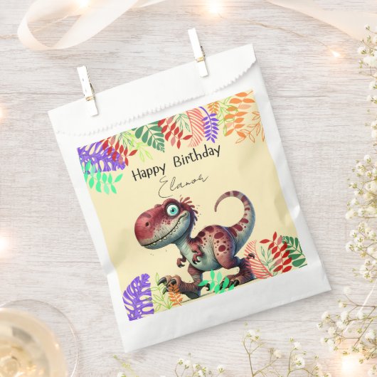 Fun Pink Dinosaur Childs Birthday フェイバーバッグ (クリップ留めされた状態)