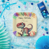 Fun pink Dinosaur Childs Birthday ペーパープレート (パーティー)