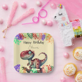 Fun pink Dinosaur Childs Birthday ペーパープレート (パーティー)