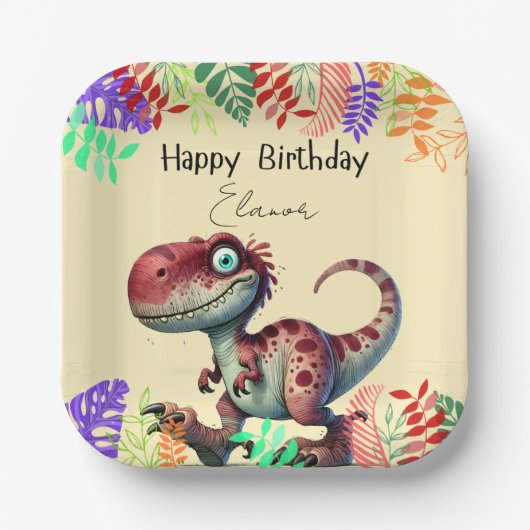 Fun pink Dinosaur Childs Birthday ペーパープレート (正面)