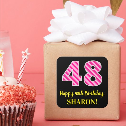 Fun Pink Stripes “48”: Happy 48th Birthday + Name スクエアシール (パーティー)