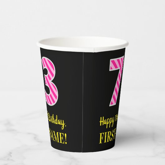 Fun Pink Stripes “73”: Happy 73rd Birthday + Name 紙コップ (右)