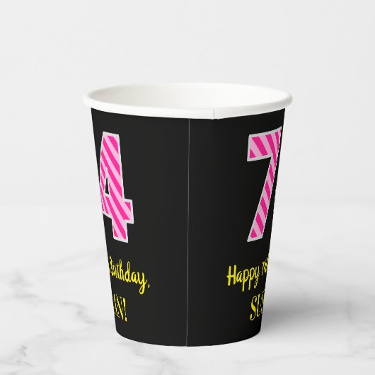 Fun Pink Stripes “74”: Happy 74th Birthday + Name 紙コップ (右)