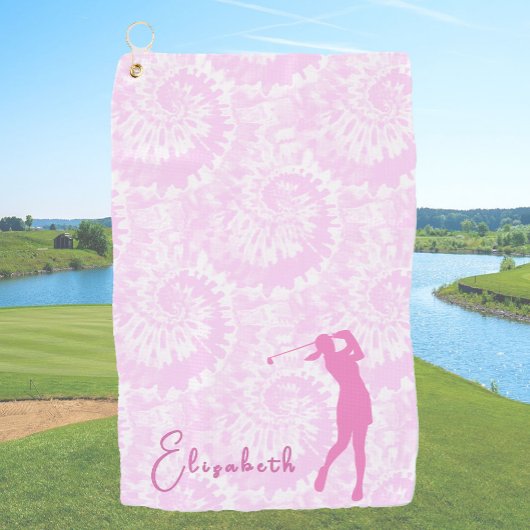 Fun Pink Tie Dye Lady Golfer Custom Name ゴルフタオル
