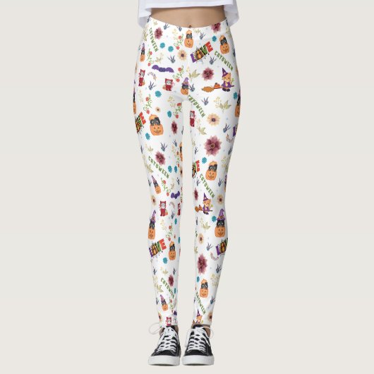 Fun Purple Hat Catoween, Cute Orange Pumpkin レギンス (正面)