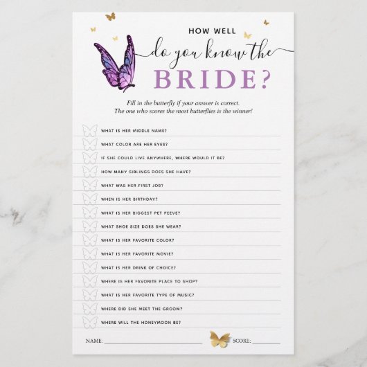 Fun Purple Watercolor Butterfly Bridal Shower Game (正面)