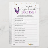Fun Purple Watercolor Butterfly Bridal Shower Game (正面/裏面)