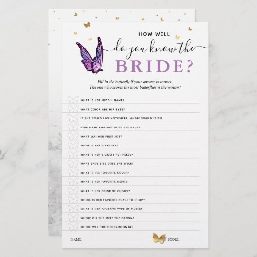 Fun Purple Watercolor Butterfly Bridal Shower Game (正面/裏面)