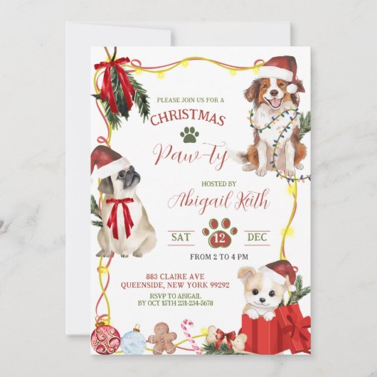 Fun Quirky Dog Christmas Pawty 招待状 (正面)
