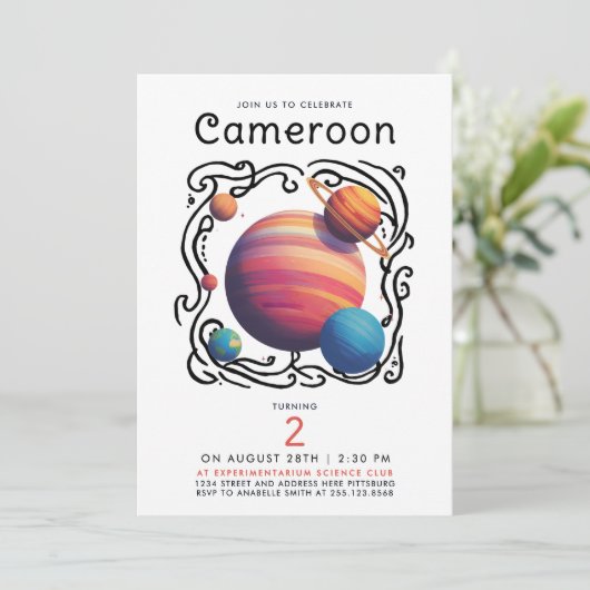 Fun Red Blue Planets Moon Galaxy Outer Space Draw 招待状 (スタンド正面)