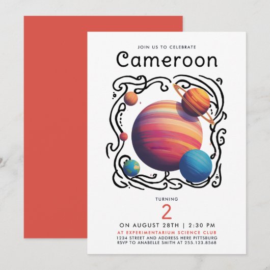 Fun Red Blue Planets Moon Galaxy Outer Space Draw 招待状 (正面/裏面)