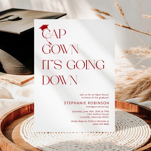 Fun Red & White Cap, Gown Graduation 招待状