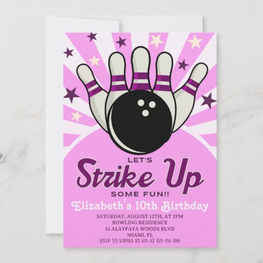 Fun Retro Bowling Birthday Girl Party  招待状 (正面)