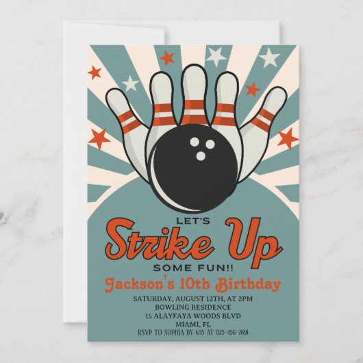 Fun Retro Bowling Party for Kids 招待状 (正面)