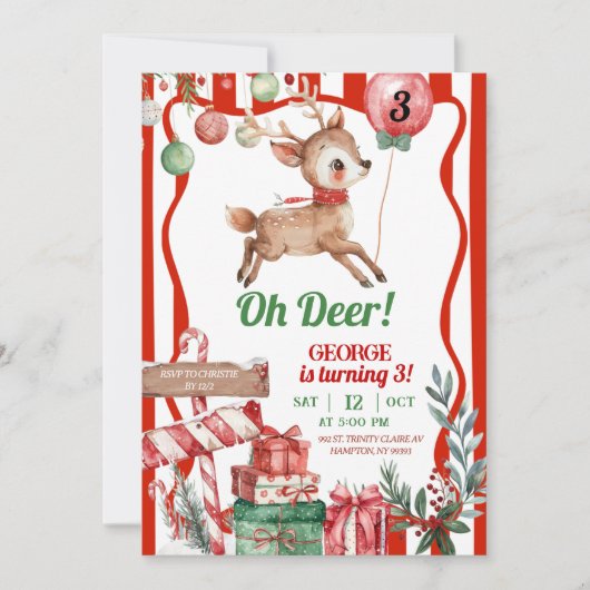Fun Retro Christmas Deer Birthday Invitation 招待状 (正面)