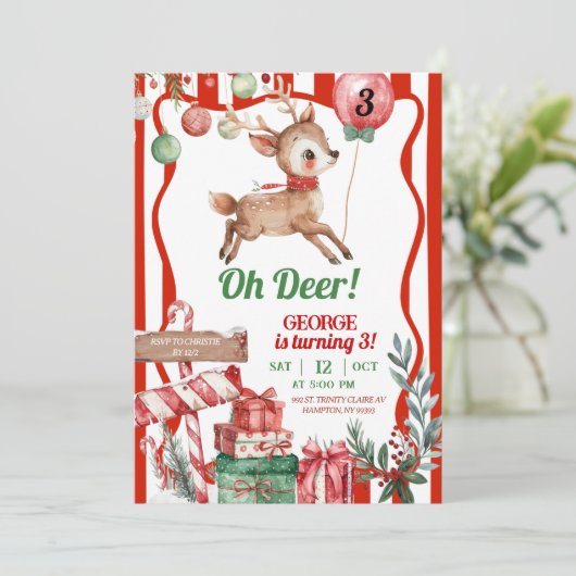 Fun Retro Christmas Deer Birthday Invitation 招待状 (スタンド正面)