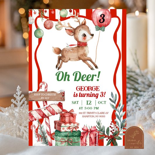 Fun Retro Christmas Deer Birthday Invitation 招待状